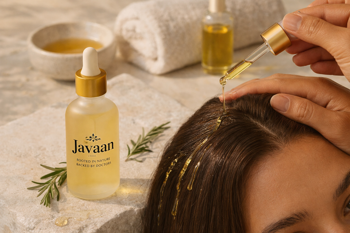 Javaan Hair Growth Serum applied to the scalp with a dropper, showcasing botanical oil treatment for scalp nourishment